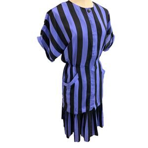Size 6 Blake Elizabeth Purple Black Stripe Vintage 1980s Dress Pockets Pleated